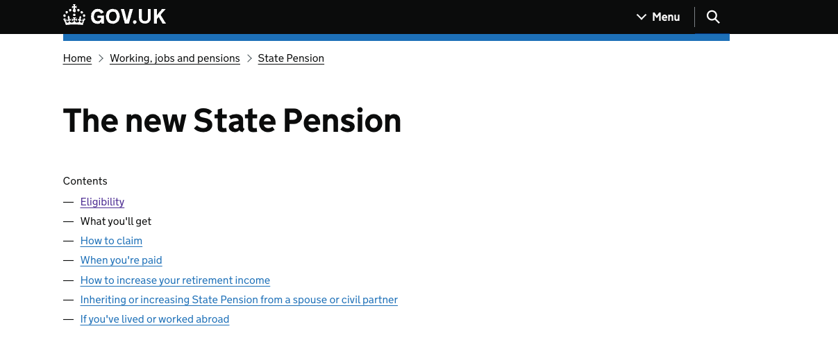 Gov.UK New State Pension Homepage
